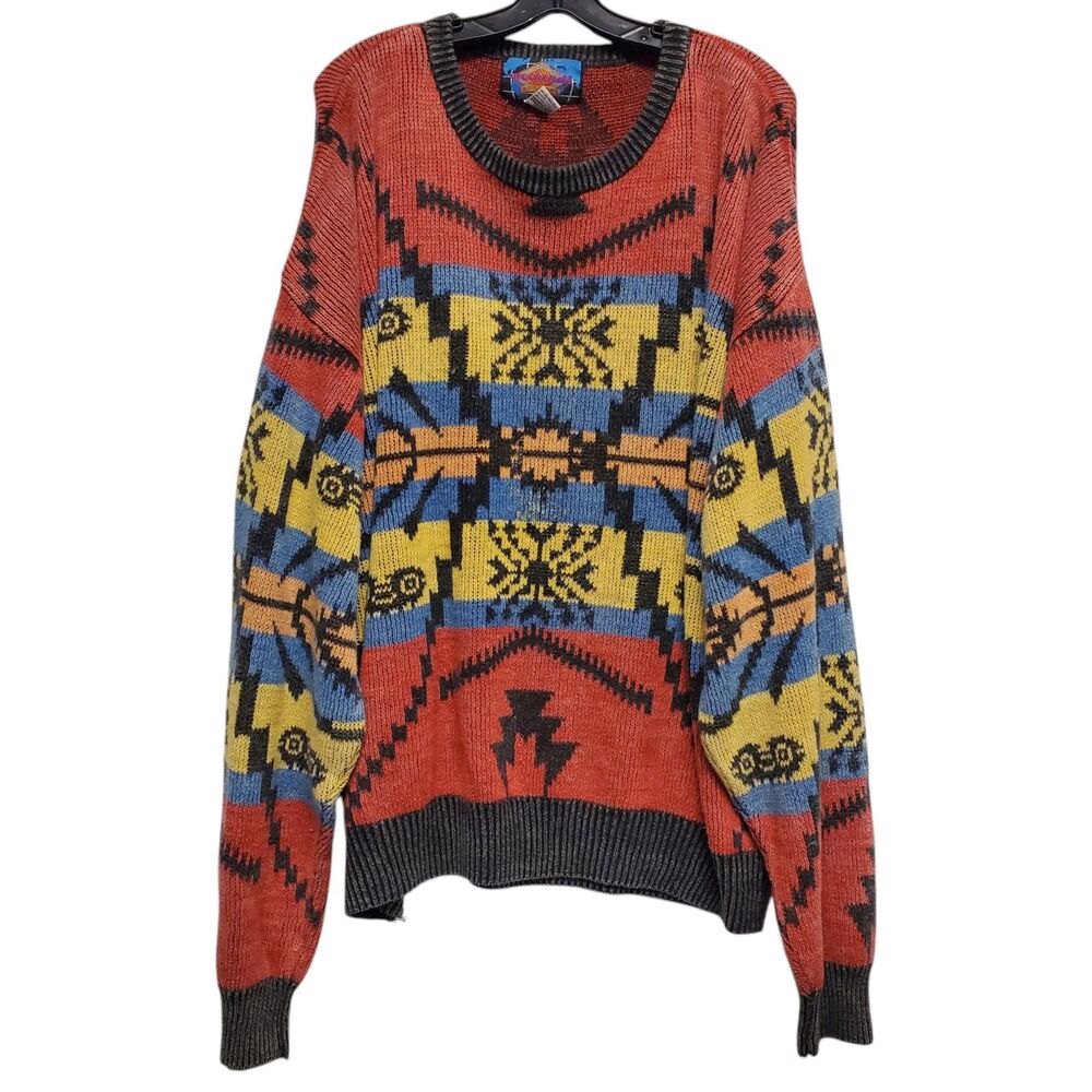 Vintage WEEKENDS Save Our Planet Sweater Mens 2XLT Red Geometric Cosby Abstract